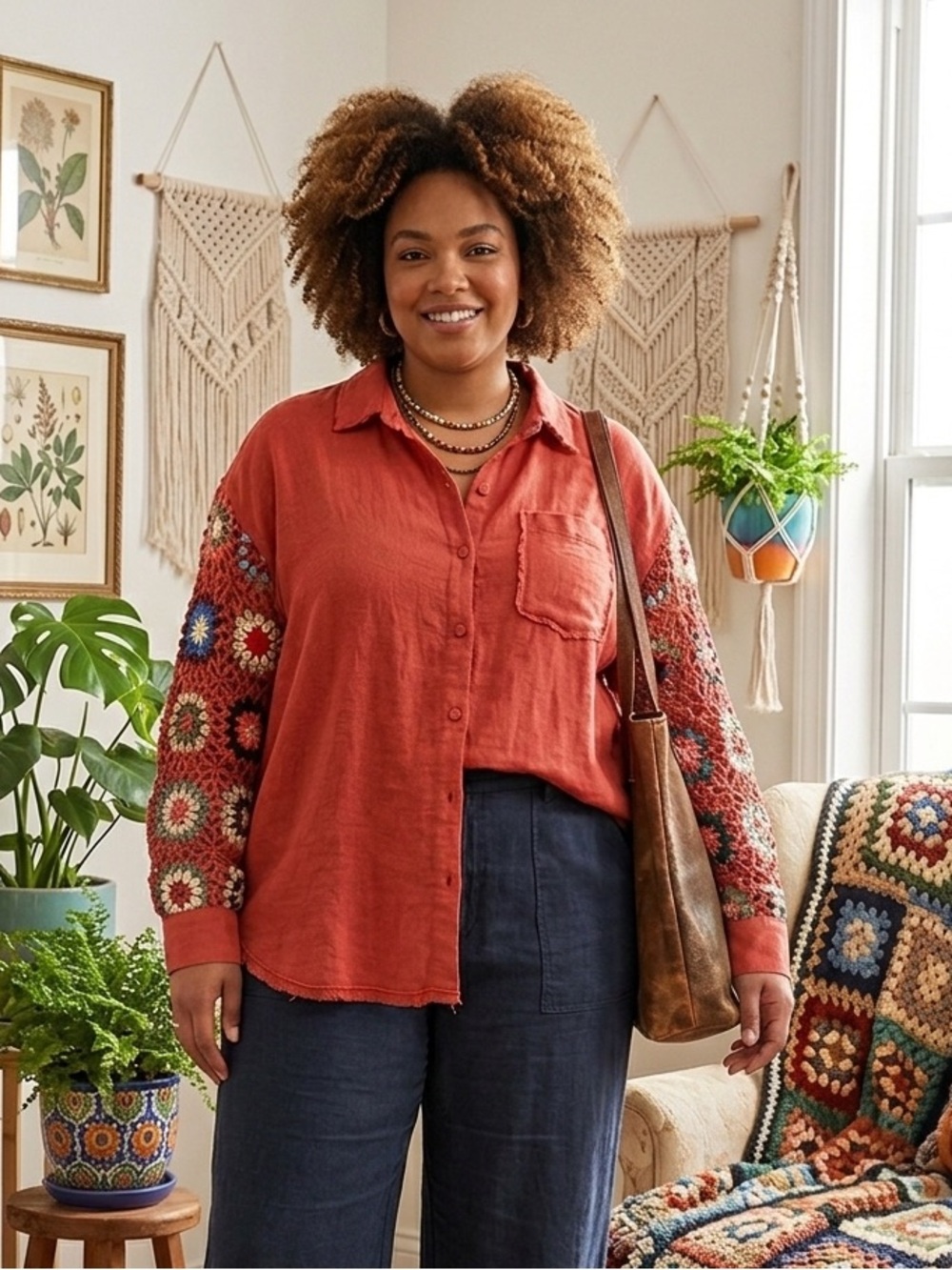 Umgee Red Button-Down Tunic with Multicolor Crochet Sleeves
